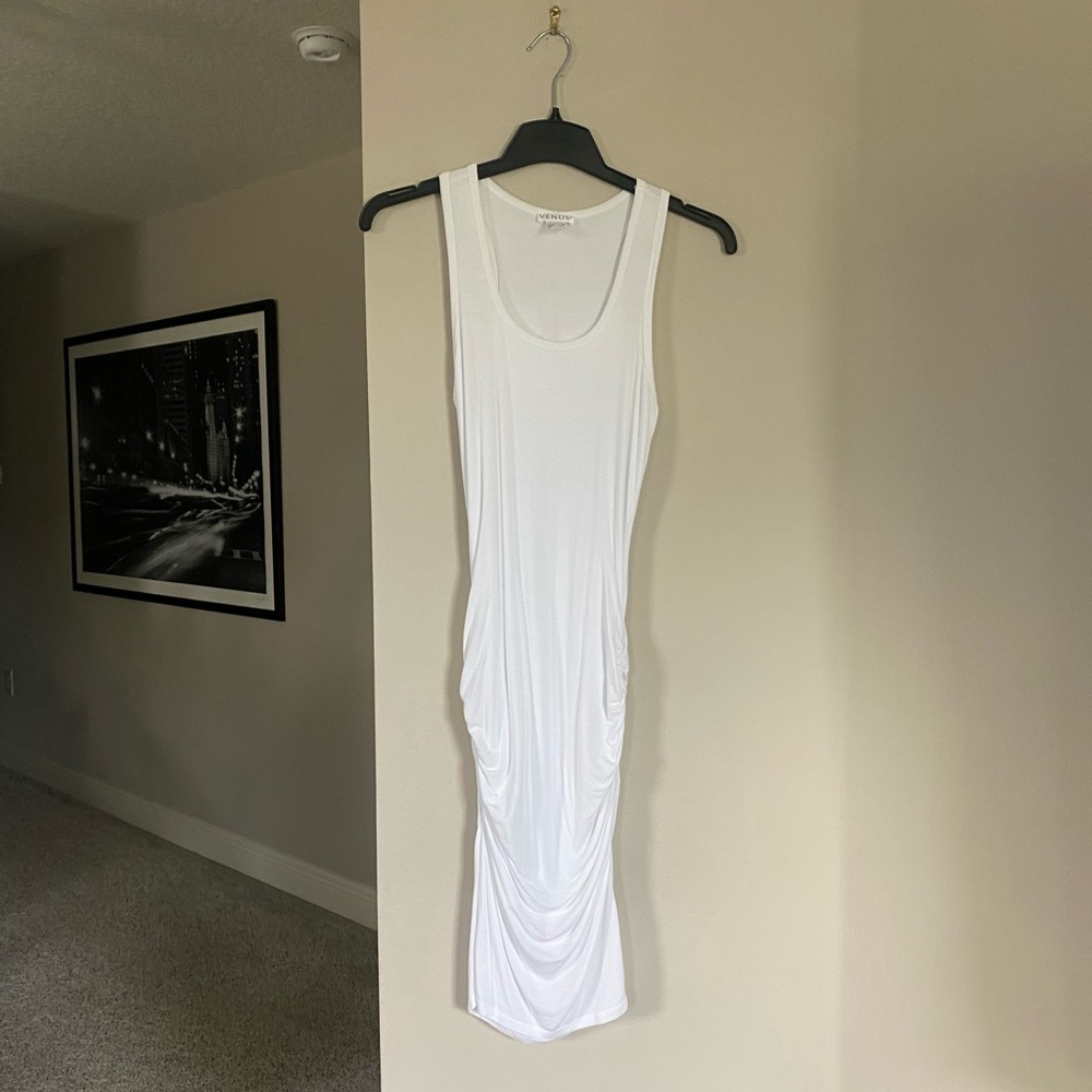 Venus ruched body-con midi dress in white